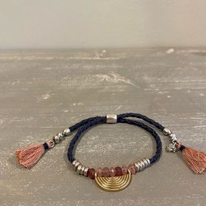 Beautiful Gold Rainbow Charm Black Braided Leather Bracelet With Peach Tassels